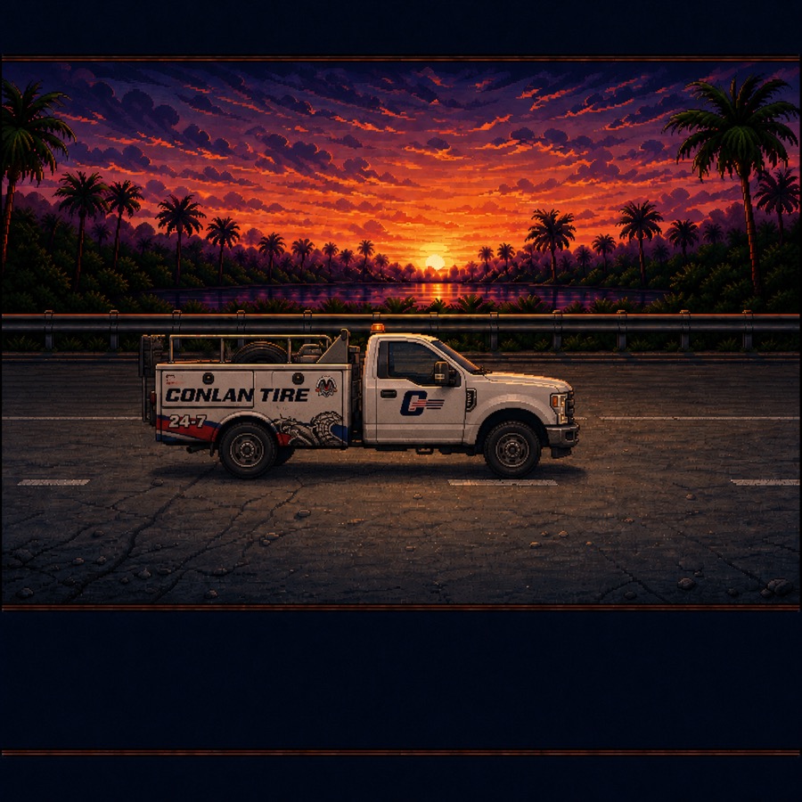 Conlan Tire roadside utility truck at a Florida sunset